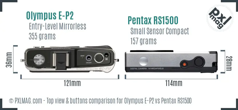 Olympus E-P2 vs Pentax RS1500 top view buttons comparison
