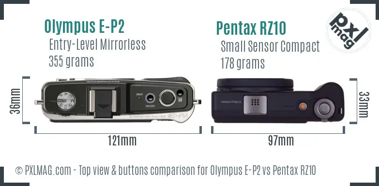 Olympus E-P2 vs Pentax RZ10 top view buttons comparison