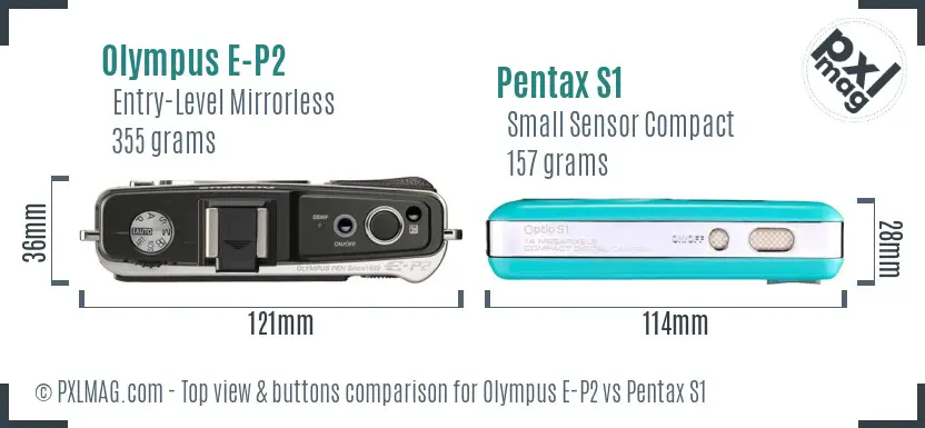 Olympus E-P2 vs Pentax S1 top view buttons comparison