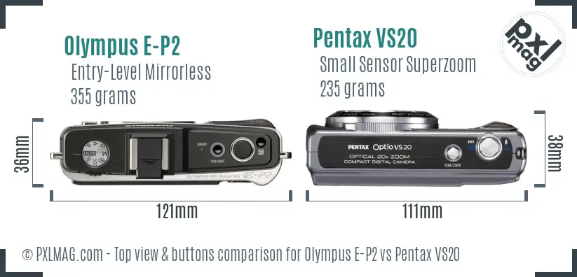 Olympus E-P2 vs Pentax VS20 top view buttons comparison