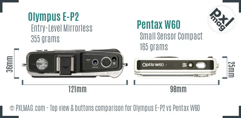 Olympus E-P2 vs Pentax W60 top view buttons comparison