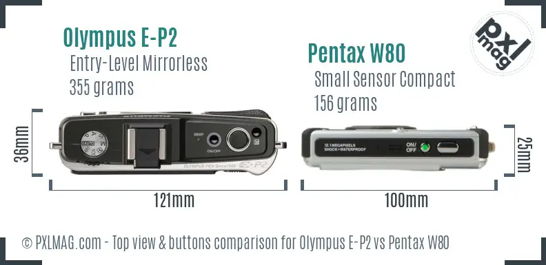 Olympus E-P2 vs Pentax W80 top view buttons comparison