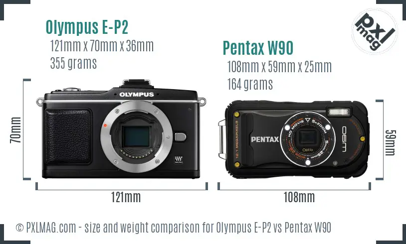 Olympus E-P2 vs Pentax W90 size comparison
