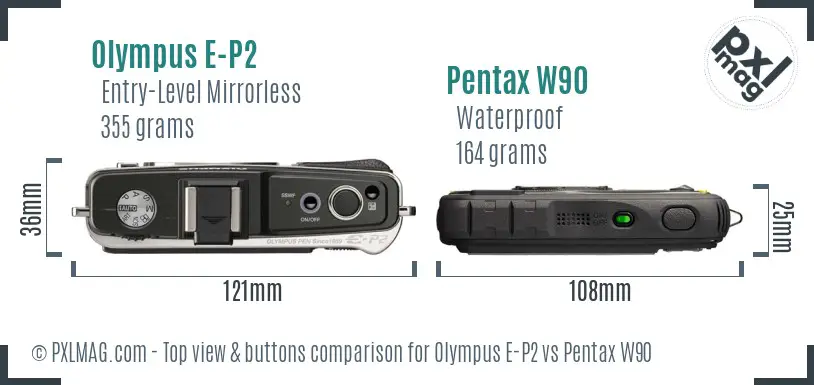Olympus E-P2 vs Pentax W90 top view buttons comparison
