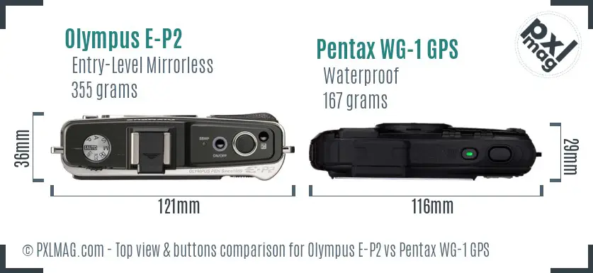 Olympus E-P2 vs Pentax WG-1 GPS top view buttons comparison