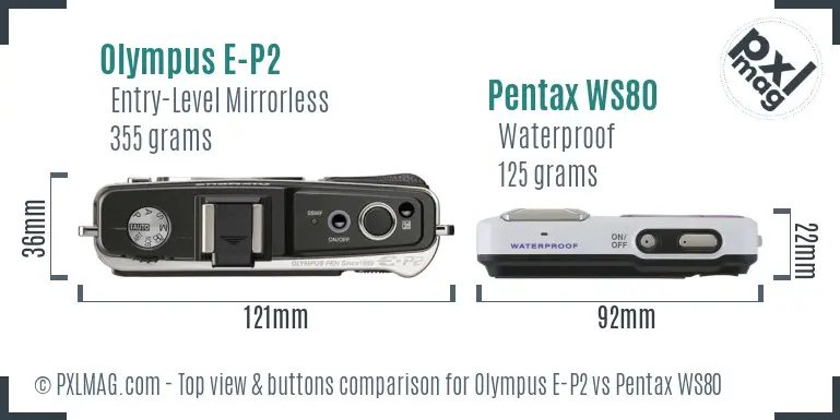 Olympus E-P2 vs Pentax WS80 top view buttons comparison