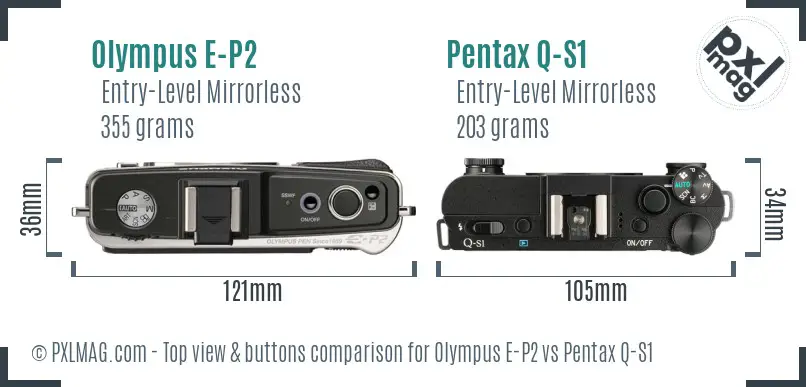 Olympus E-P2 vs Pentax Q-S1 top view buttons comparison