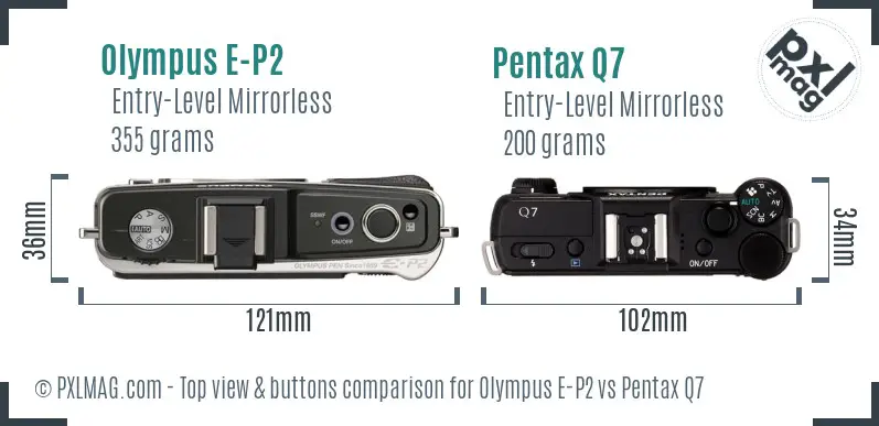 Olympus E-P2 vs Pentax Q7 top view buttons comparison