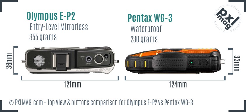 Olympus E-P2 vs Pentax WG-3 top view buttons comparison