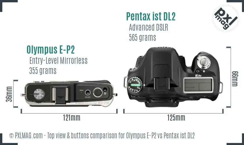 Olympus E-P2 vs Pentax ist DL2 top view buttons comparison