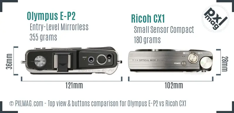 Olympus E-P2 vs Ricoh CX1 top view buttons comparison
