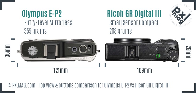 Olympus E-P2 vs Ricoh GR Digital III top view buttons comparison