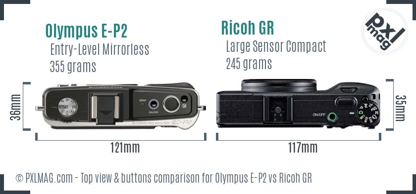 Olympus E-P2 vs Ricoh GR top view buttons comparison