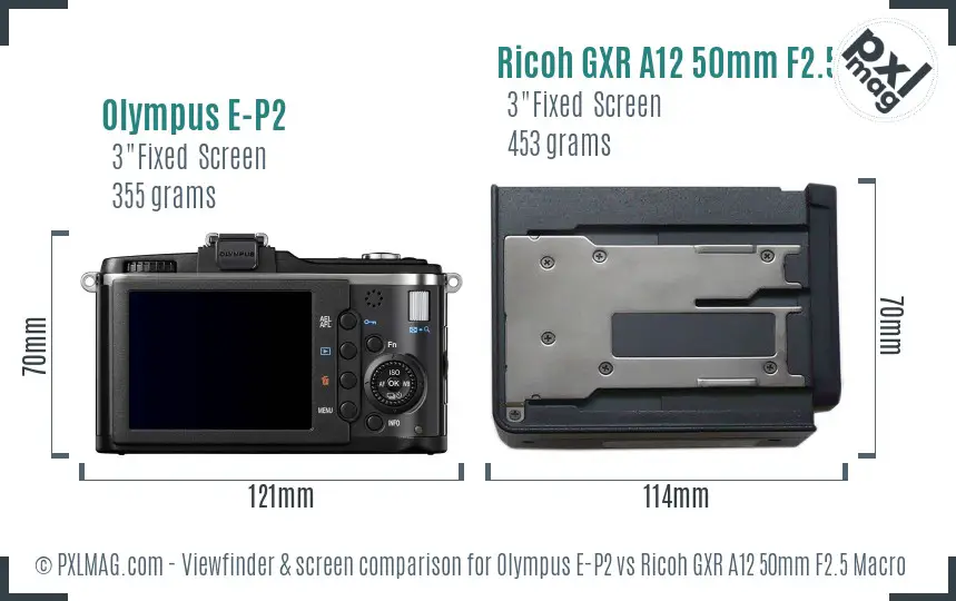 Olympus E-P2 vs Ricoh GXR A12 50mm F2.5 Macro Screen and Viewfinder comparison