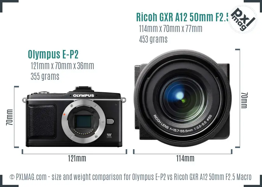Olympus E-P2 vs Ricoh GXR A12 50mm F2.5 Macro size comparison