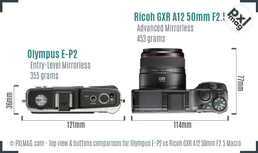 Olympus E-P2 vs Ricoh GXR A12 50mm F2.5 Macro top view buttons comparison