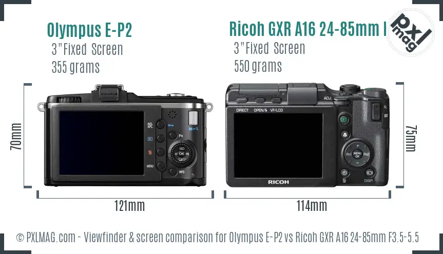 Olympus E-P2 vs Ricoh GXR A16 24-85mm F3.5-5.5 Screen and Viewfinder comparison