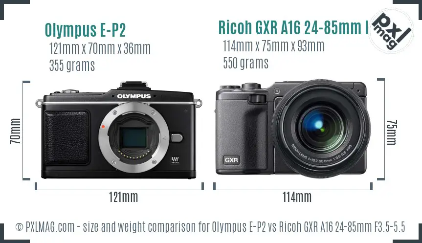 Olympus E-P2 vs Ricoh GXR A16 24-85mm F3.5-5.5 size comparison Olympus E-P2 vs Ricoh GXR A16 24-85mm F3.5-5.5 size comparison