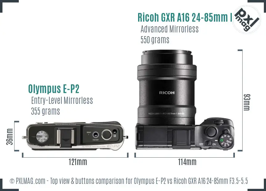 Olympus E-P2 vs Ricoh GXR A16 24-85mm F3.5-5.5 top view buttons comparison