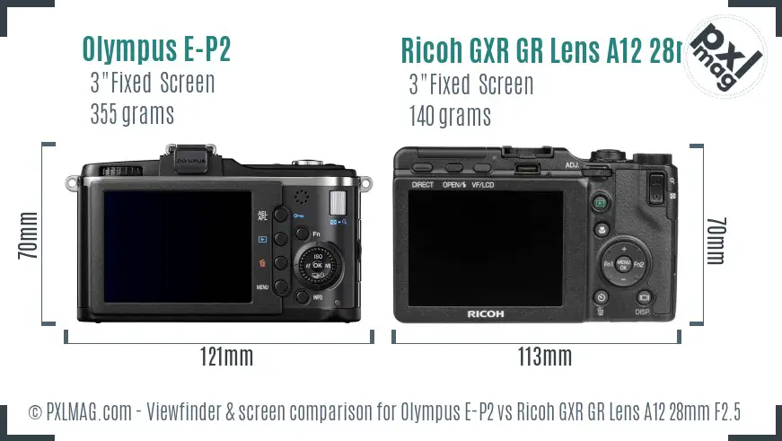 Olympus E-P2 vs Ricoh GXR GR Lens A12 28mm F2.5 Screen and Viewfinder comparison