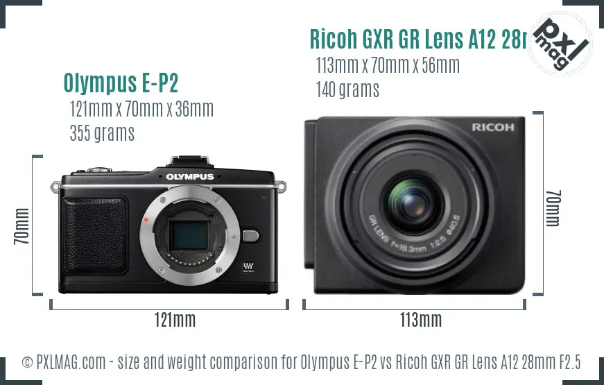 Olympus E-P2 vs Ricoh GXR GR Lens A12 28mm F2.5 size comparison