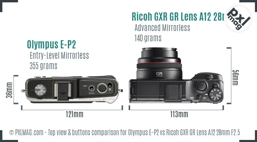 Olympus E-P2 vs Ricoh GXR GR Lens A12 28mm F2.5 top view buttons comparison