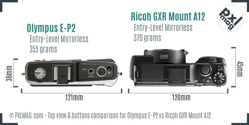 Olympus E-P2 vs Ricoh GXR Mount A12 top view buttons comparison