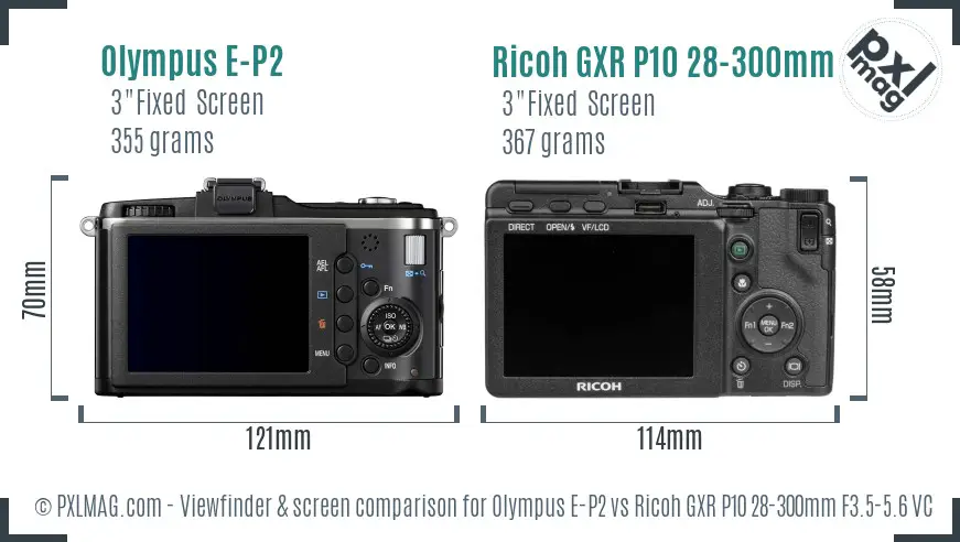 Olympus E-P2 vs Ricoh GXR P10 28-300mm F3.5-5.6 VC Screen and Viewfinder comparison