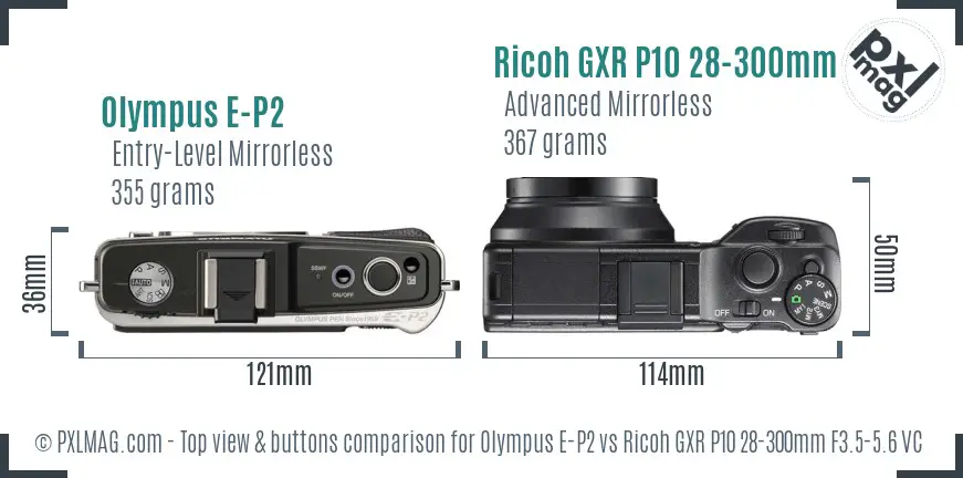 Olympus E-P2 vs Ricoh GXR P10 28-300mm F3.5-5.6 VC top view buttons comparison