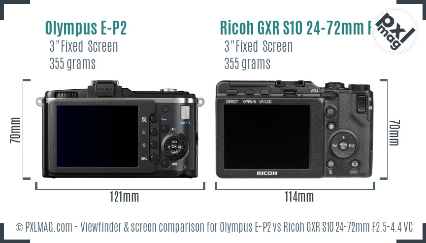 Olympus E-P2 vs Ricoh GXR S10 24-72mm F2.5-4.4 VC Screen and Viewfinder comparison