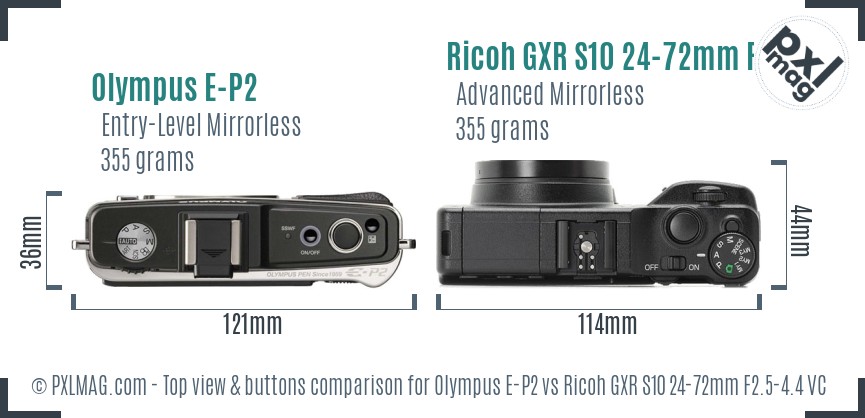 Olympus E-P2 vs Ricoh GXR S10 24-72mm F2.5-4.4 VC top view buttons comparison