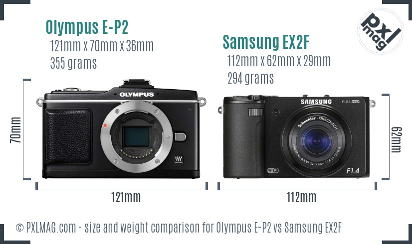 Olympus E-P2 vs Samsung EX2F size comparison