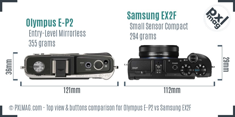 Olympus E-P2 vs Samsung EX2F top view buttons comparison
