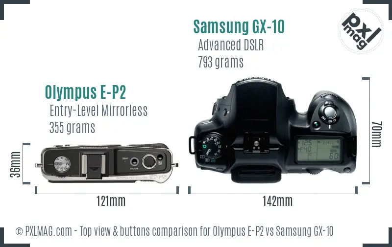 Olympus E-P2 vs Samsung GX-10 top view buttons comparison