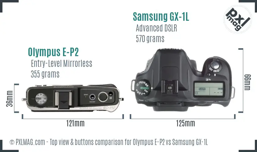 Olympus E-P2 vs Samsung GX-1L top view buttons comparison