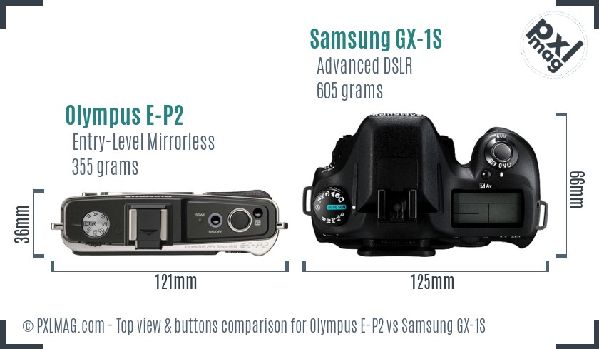 Olympus E-P2 vs Samsung GX-1S top view buttons comparison