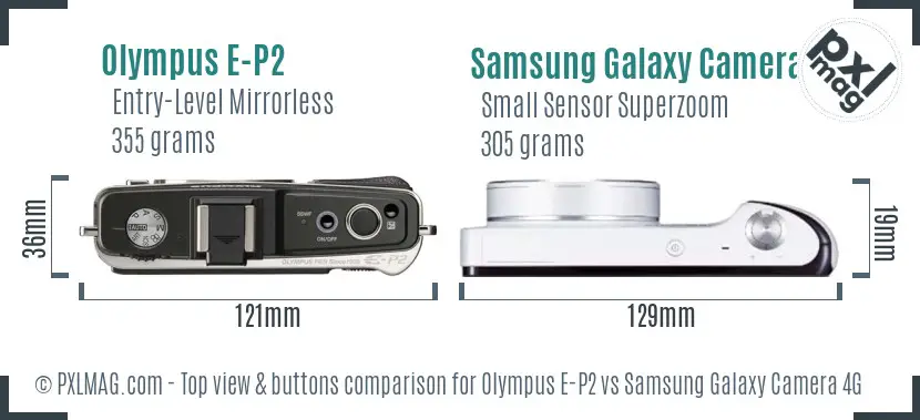 Olympus E-P2 vs Samsung Galaxy Camera 4G top view buttons comparison Olympus E-P2 vs Samsung Galaxy Camera 4G top view buttons comparison