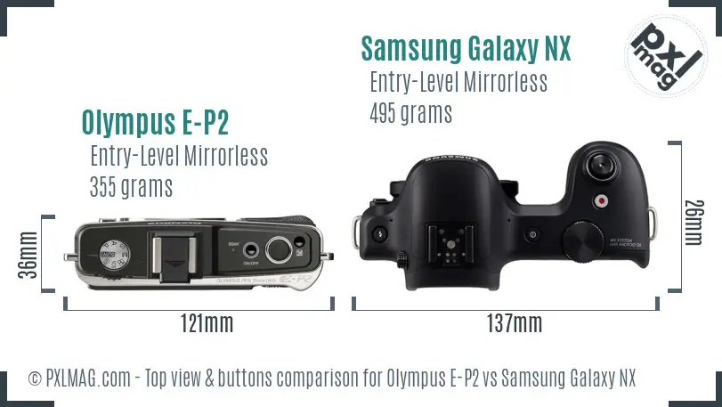 Olympus E-P2 vs Samsung Galaxy NX top view buttons comparison