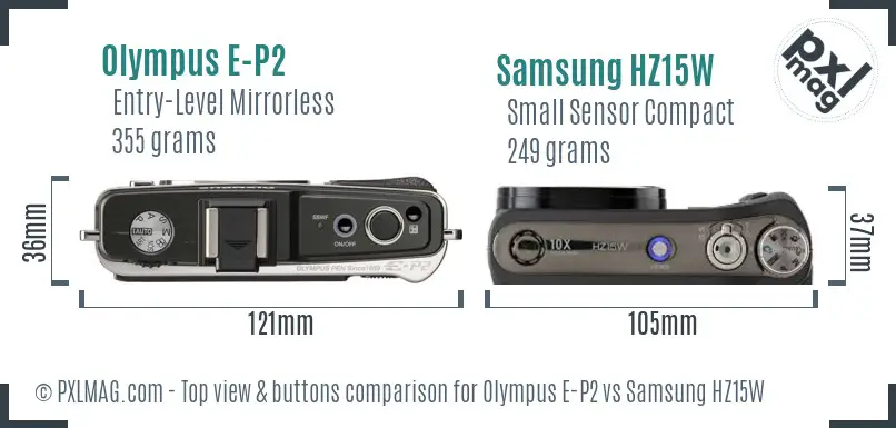 Olympus E-P2 vs Samsung HZ15W top view buttons comparison