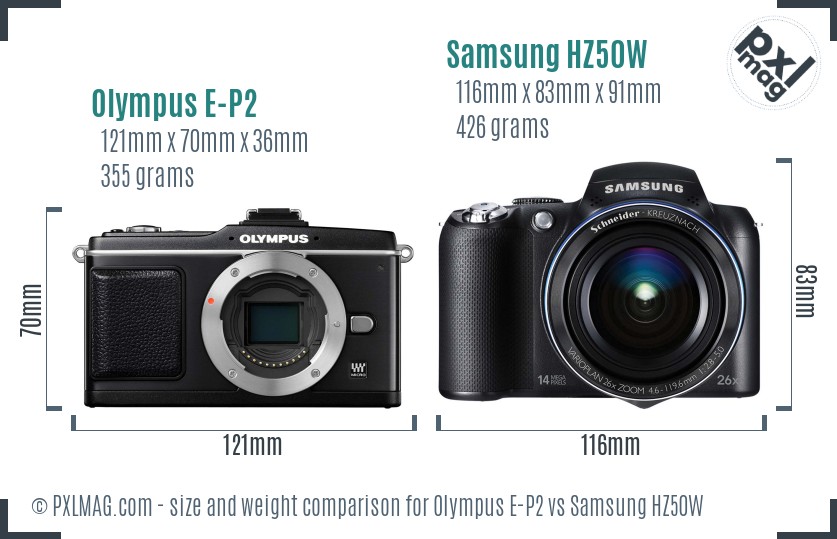 Olympus E-P2 vs Samsung HZ50W size comparison Olympus E-P2 vs Samsung HZ50W size comparison