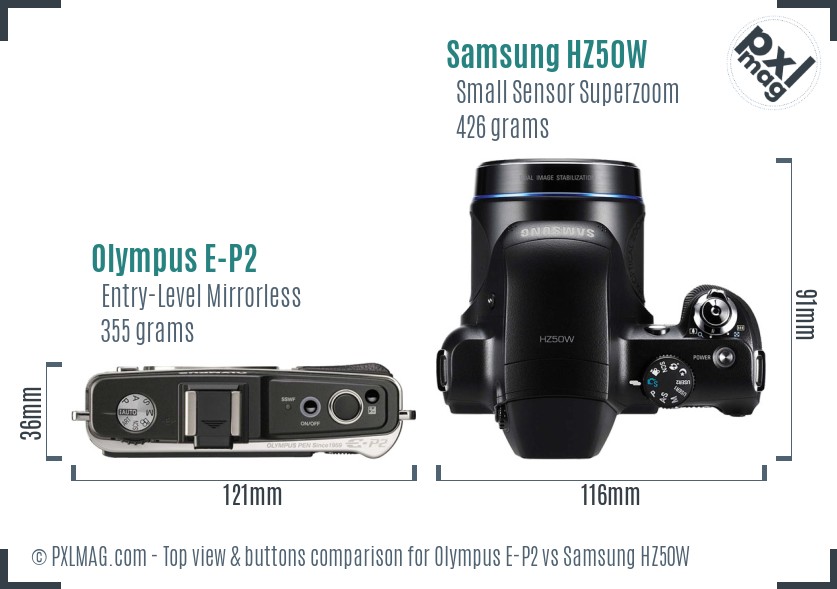 Olympus E-P2 vs Samsung HZ50W top view buttons comparison