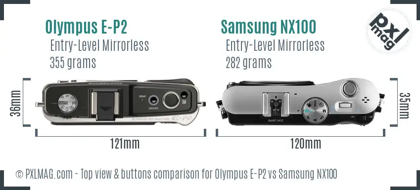 Olympus E-P2 vs Samsung NX100 top view buttons comparison