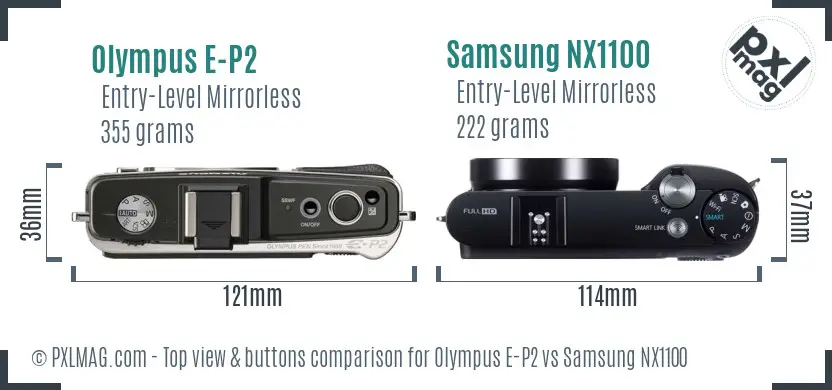 Olympus E-P2 vs Samsung NX1100 top view buttons comparison
