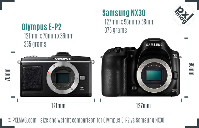 Olympus E-P2 vs Samsung NX30 size comparison Olympus E-P2 vs Samsung NX30 size comparison