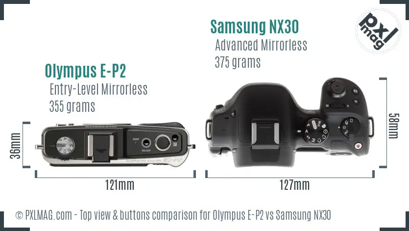 Olympus E-P2 vs Samsung NX30 top view buttons comparison Olympus E-P2 vs Samsung NX30 top view buttons comparison