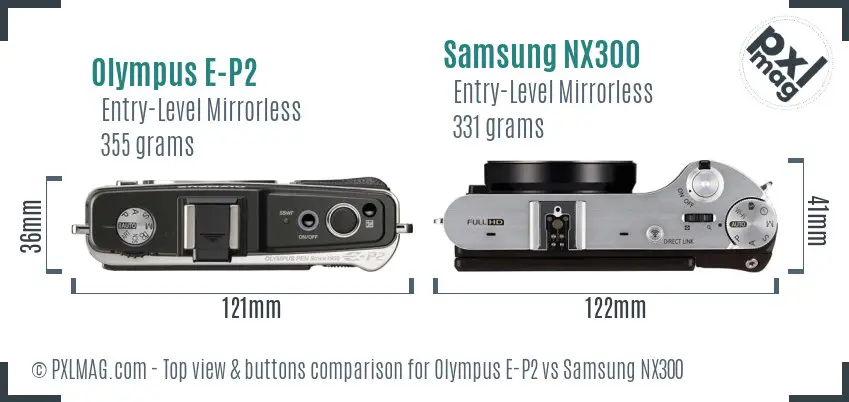 Olympus E-P2 vs Samsung NX300 top view buttons comparison