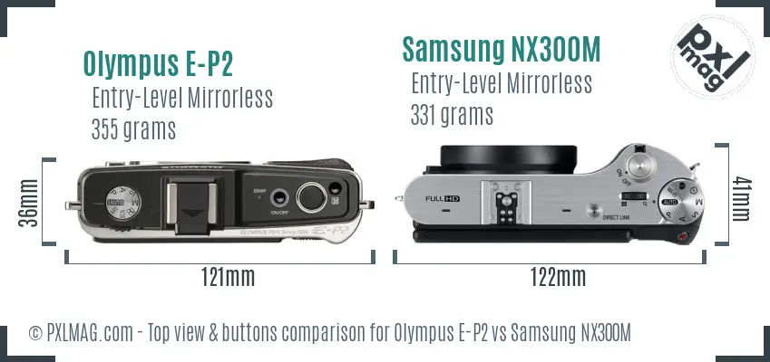 Olympus E-P2 vs Samsung NX300M top view buttons comparison