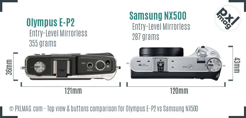 Olympus E-P2 vs Samsung NX500 top view buttons comparison