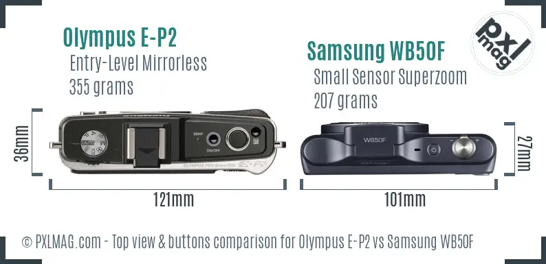 Olympus E-P2 vs Samsung WB50F top view buttons comparison
