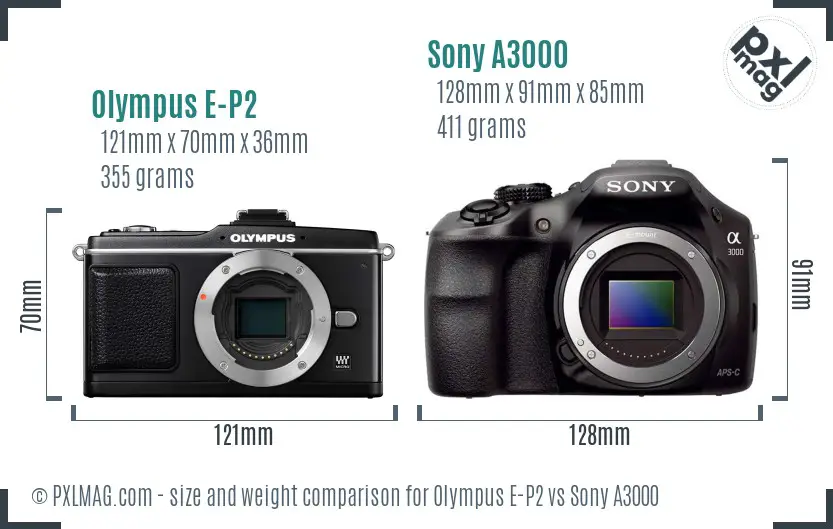 Olympus E-P2 vs Sony A3000 size comparison